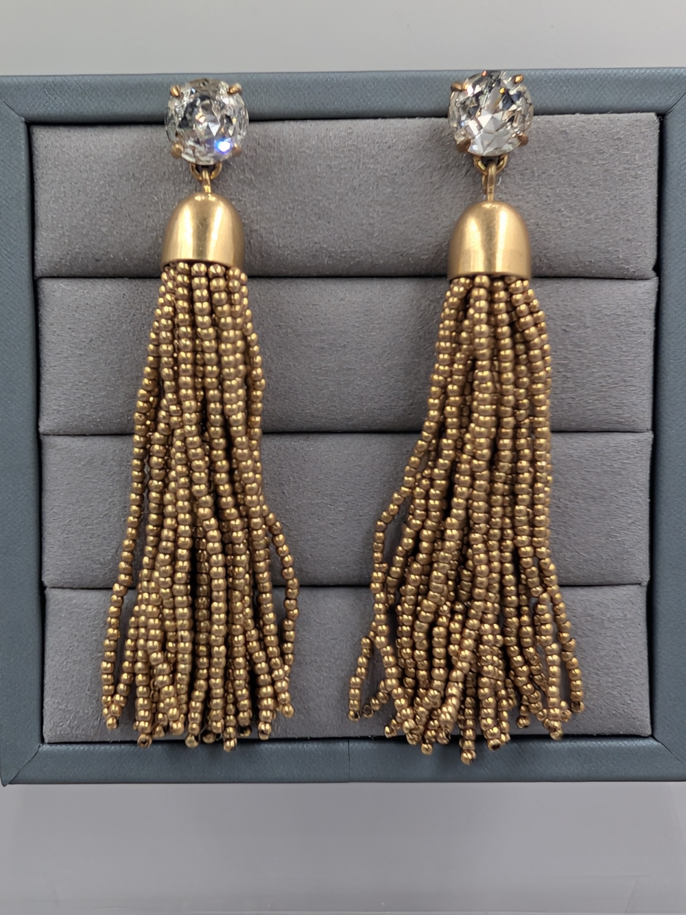 J.Crew Gold Beaded Tassel Earrings Crystal Statement | 1037